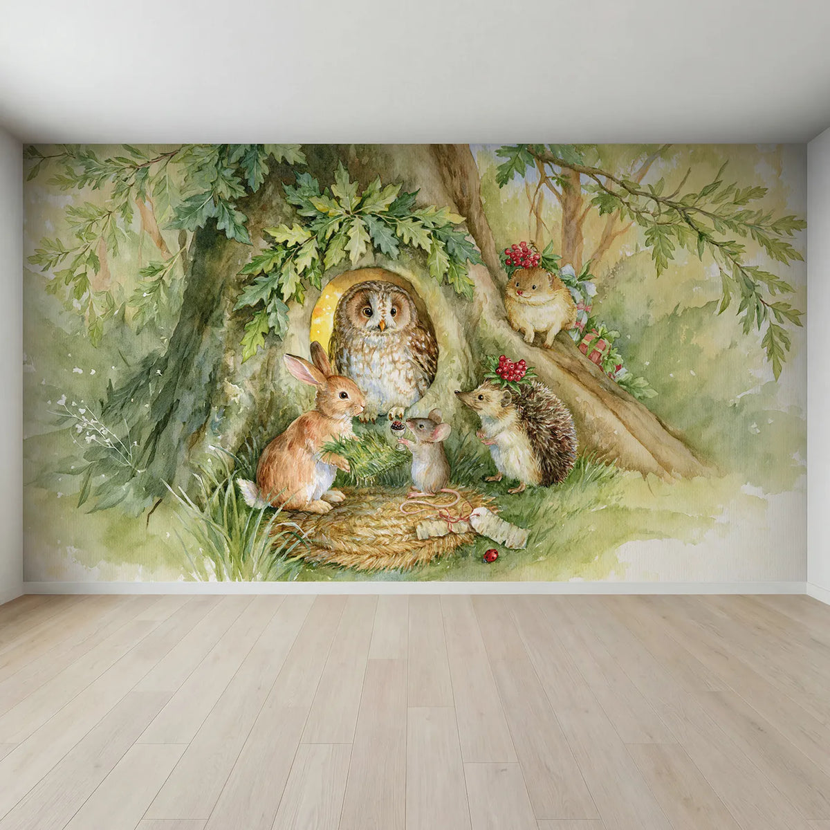Full view of Owl Hollow Housewarming Wallpaper Mural by Whimsy Tots