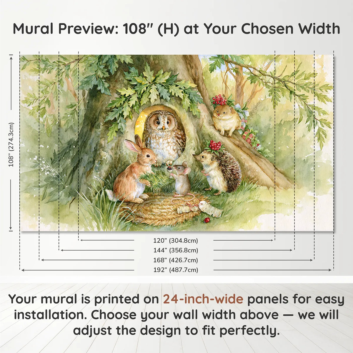 Panel layout and dimensions for Owl Hollow Housewarming Wallpaper Mural by Whimsy Tots