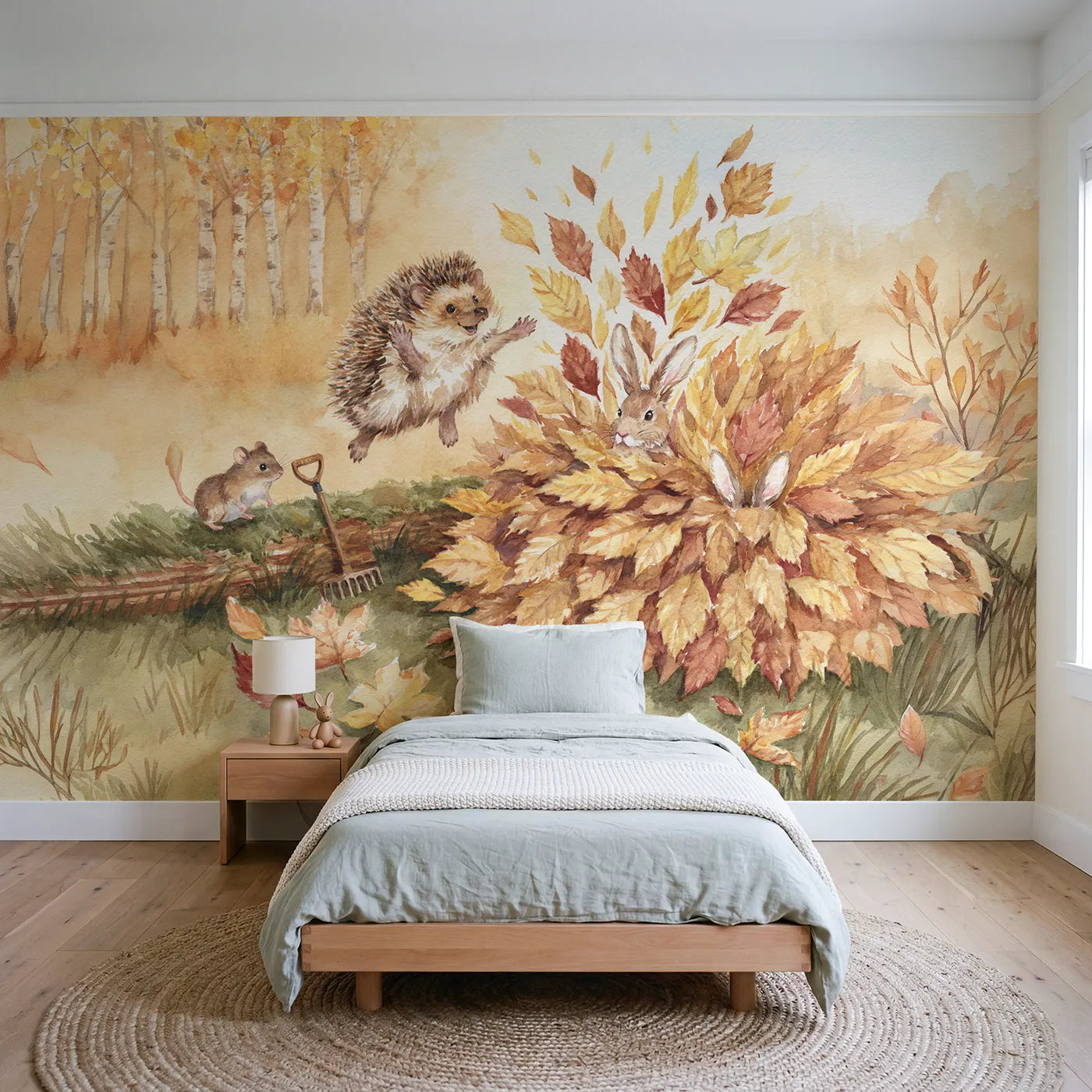 Watercolor hedgehog leaping into a golden leaf pile, wall mural for a playroom by Whimsy Tots