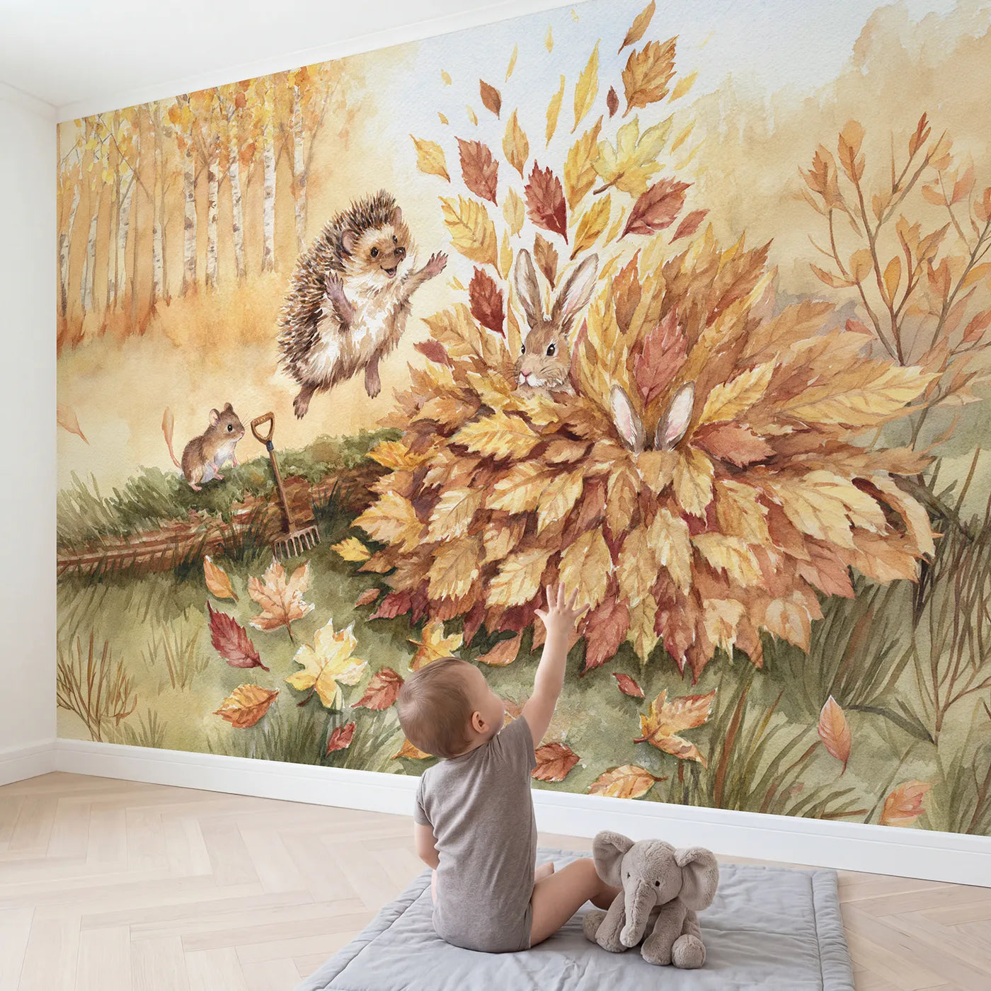 Child in nursery with Hedgehog Leaf Pile Jump Wallpaper Mural by Whimsy Tots