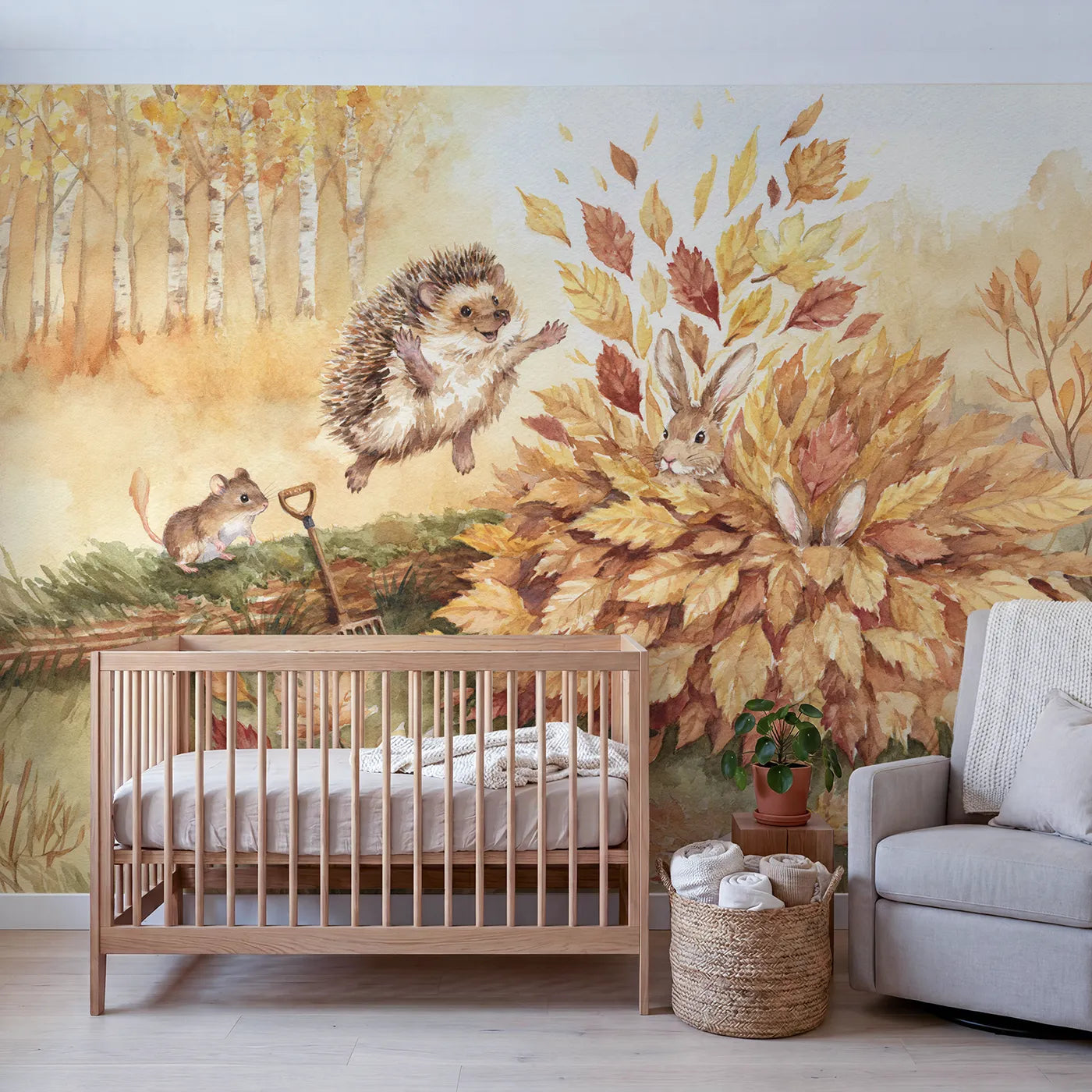 Hedgehog Leaf Pile Jump Wallpaper Mural in playroom setting by Whimsy Tots