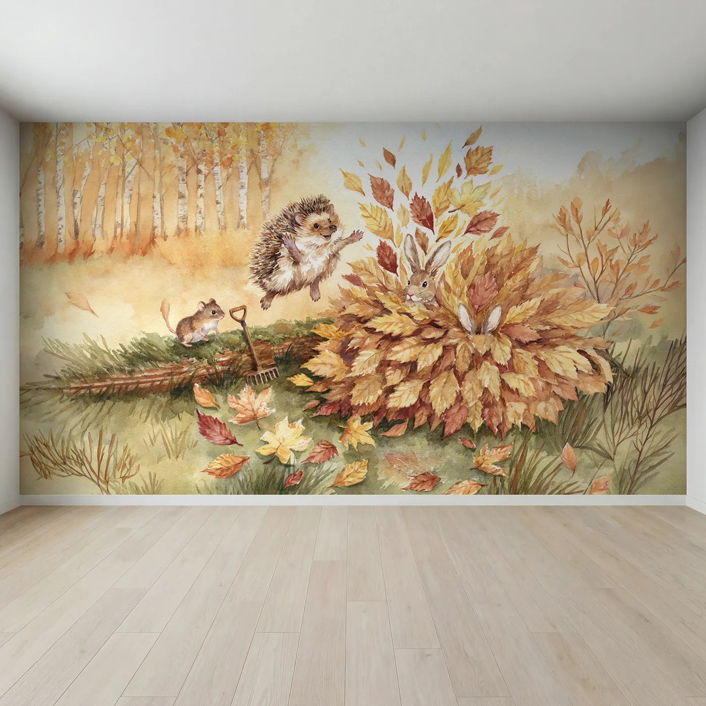 Full view of Hedgehog Leaf Pile Jump Wallpaper Mural by Whimsy Tots