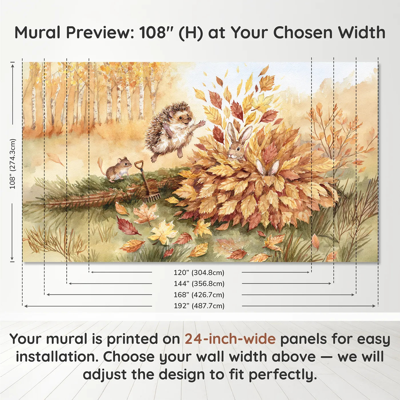Panel layout and dimensions for Hedgehog Leaf Pile Jump Wallpaper Mural by Whimsy Tots