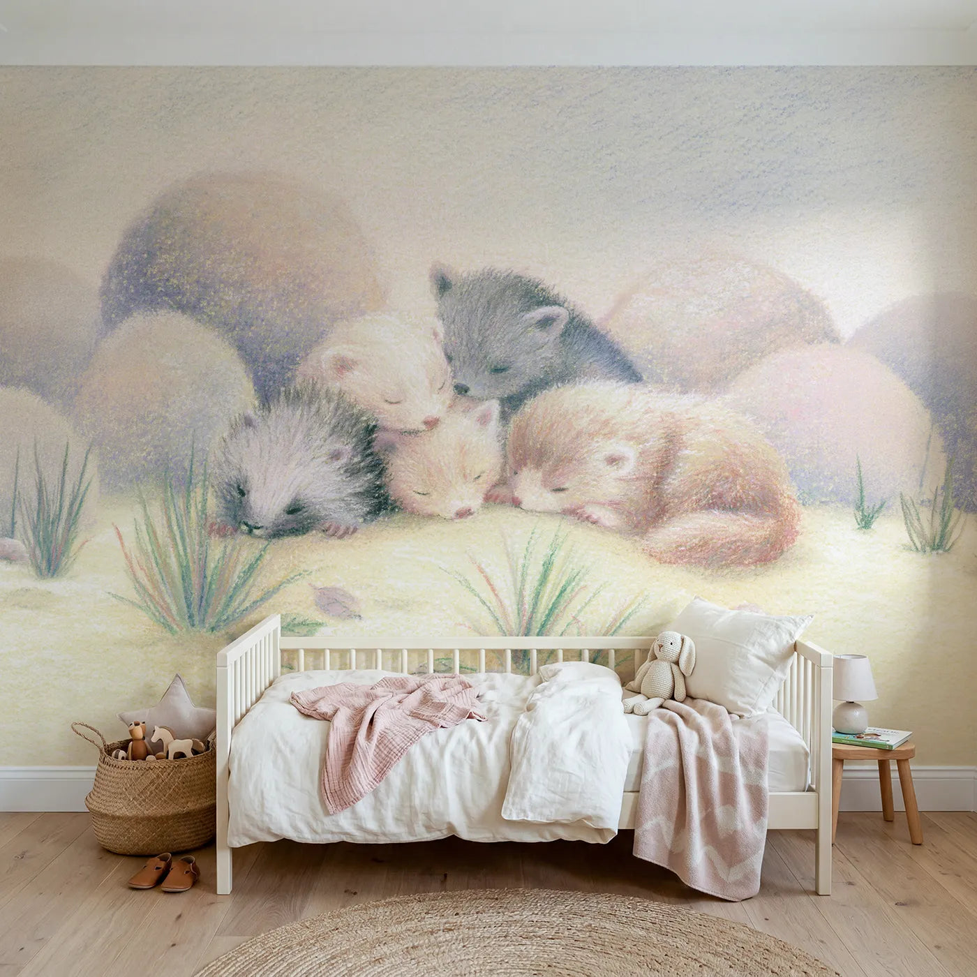 Chalk-pastel wall mural of sleepy cuddled woodland babies by Whimsy Tots