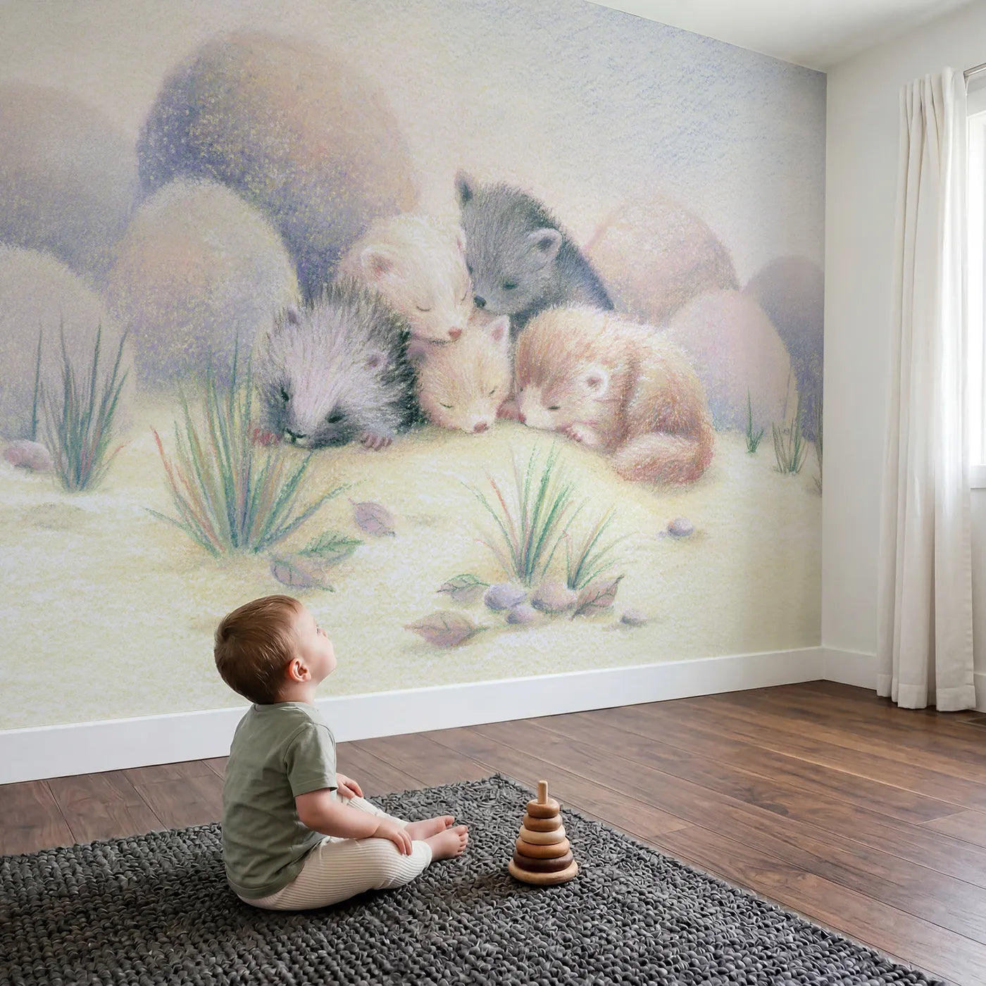 Child in nursery with Sleepy Forest Friends Wallpaper Mural by Whimsy Tots