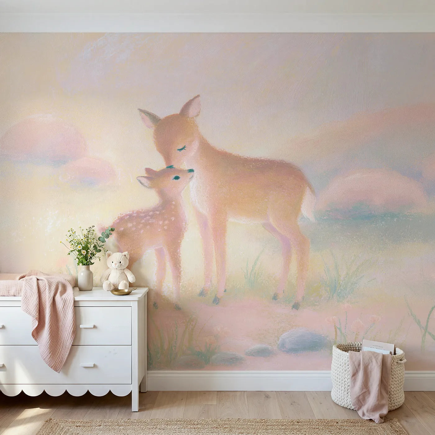 Chalk-pastel wall mural of a mother deer nuzzling her fawn by Whimsy Tots