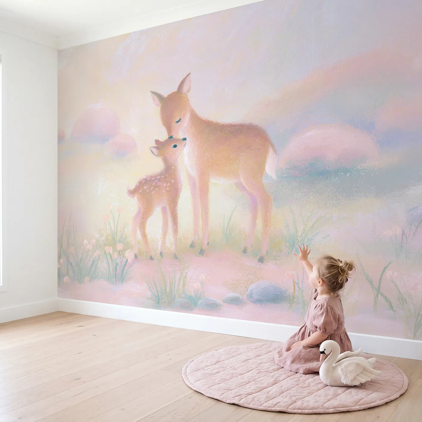 Child in nursery with Mother and Fawn Wallpaper Mural by Whimsy Tots