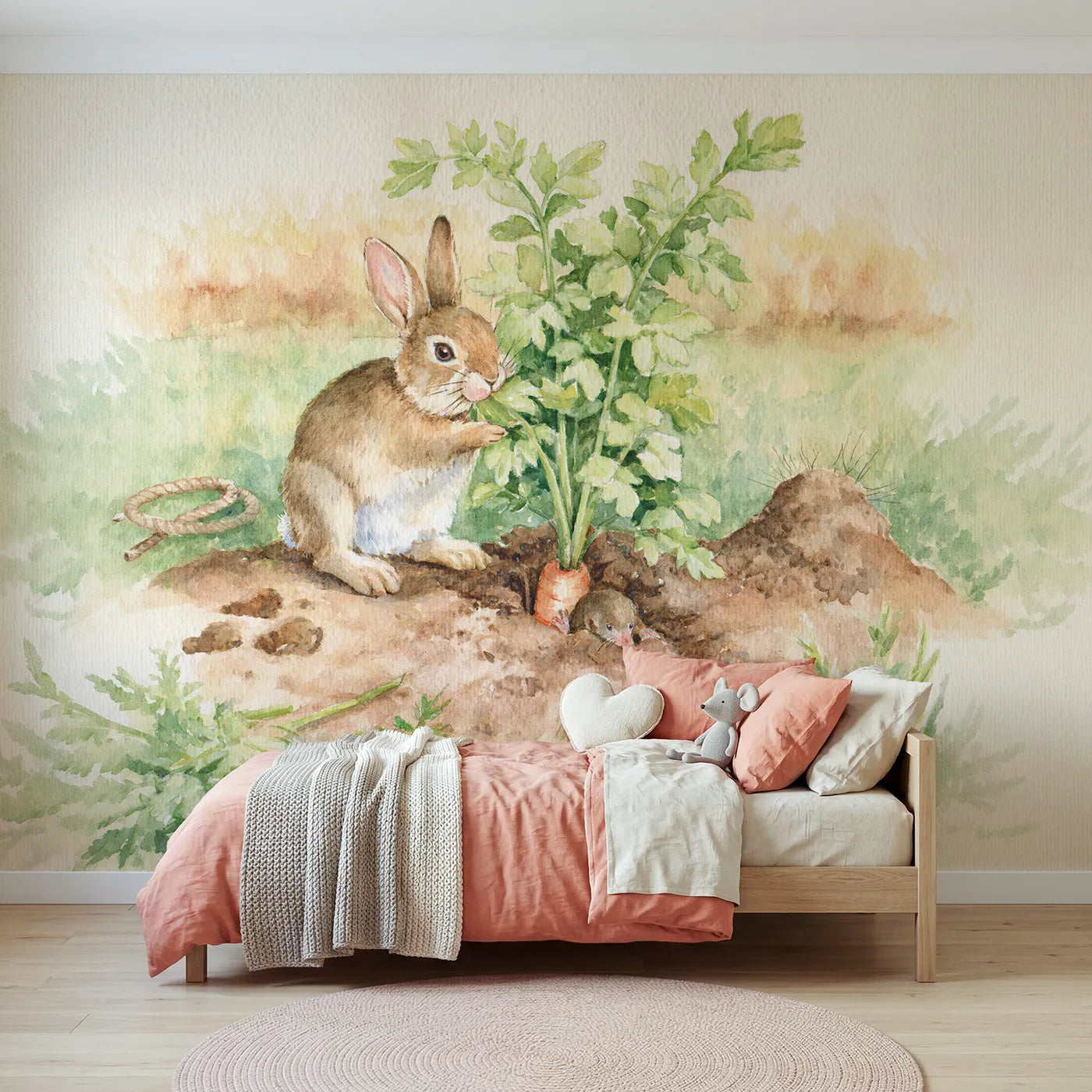 Watercolor rabbit tugging a giant carrot from the soil, wall mural for a kids room by Whimsy Tots