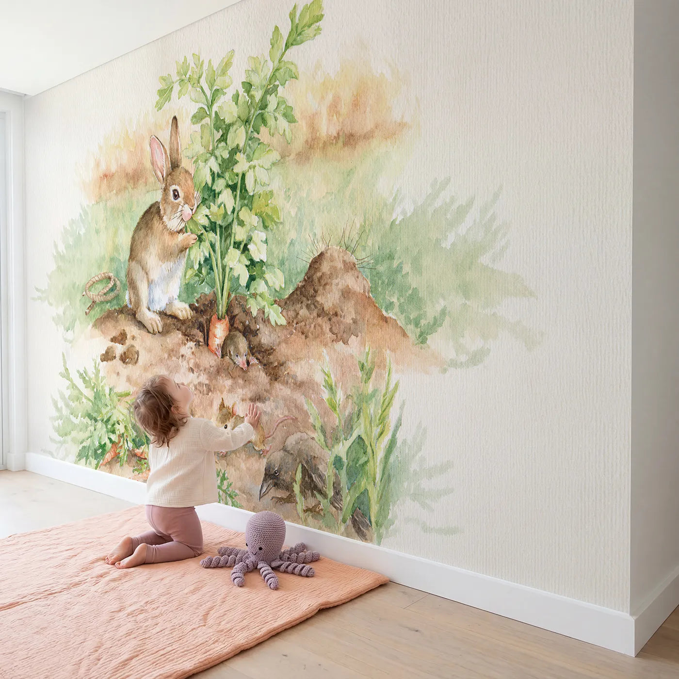 Child in nursery with The Great Carrot Tug Wallpaper Mural by Whimsy Tots