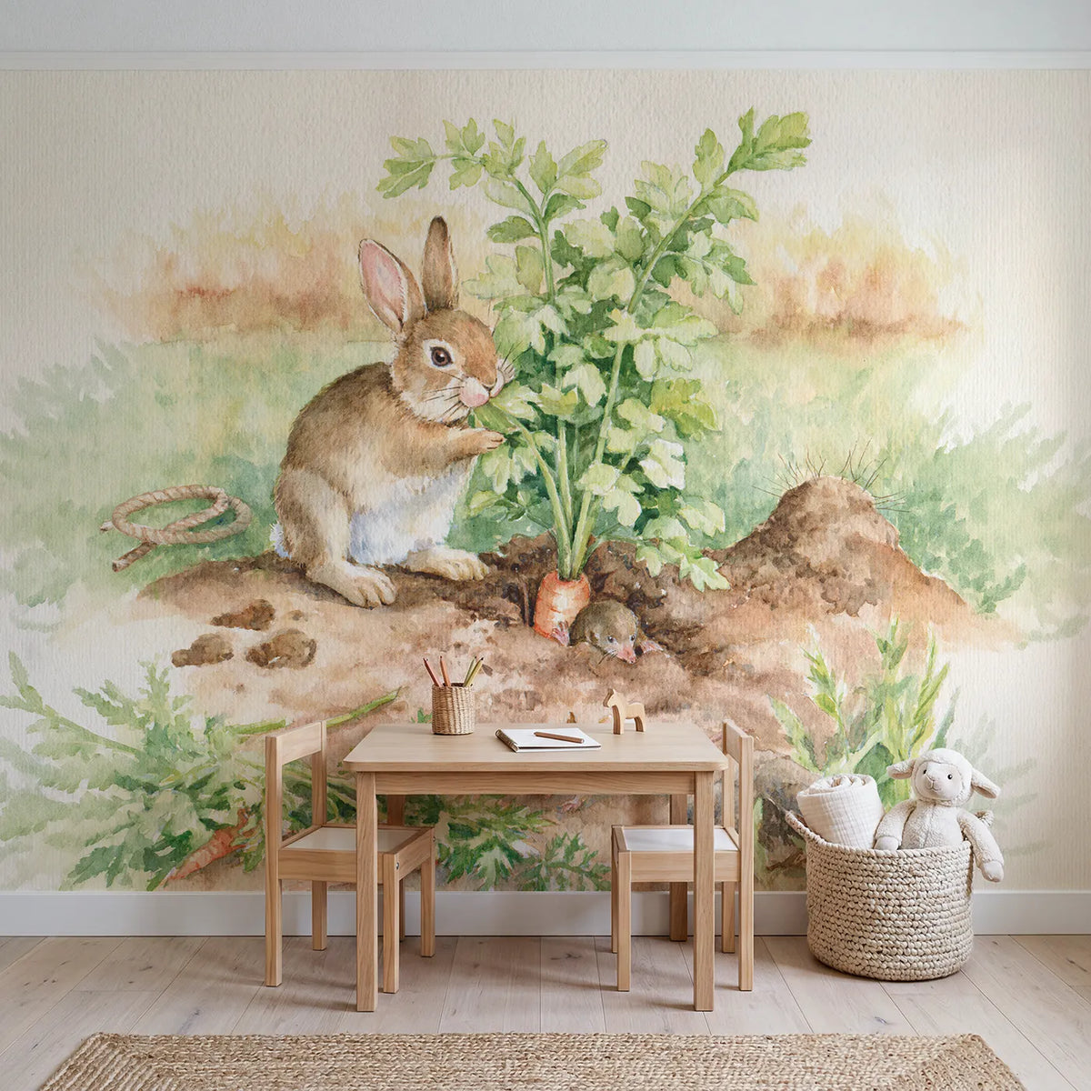 The Great Carrot Tug Wallpaper Mural in playroom setting by Whimsy Tots