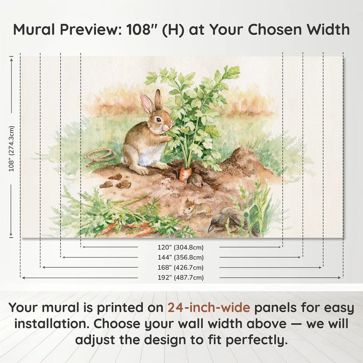 Panel layout and dimensions for The Great Carrot Tug Wallpaper Mural by Whimsy Tots