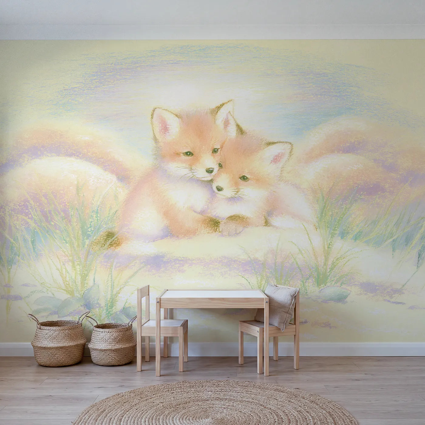 Chalk-pastel wall mural of two cuddling baby fox kits by Whimsy Tots