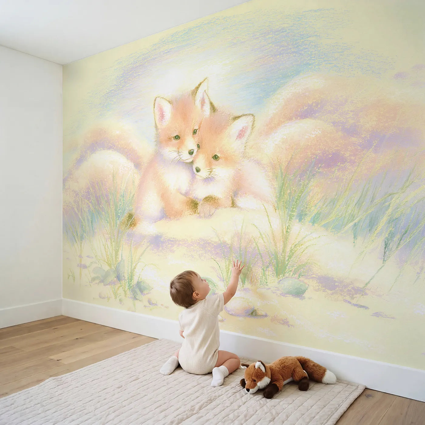 Child in nursery with Cozy Fox Cuddle Wallpaper Mural by Whimsy Tots