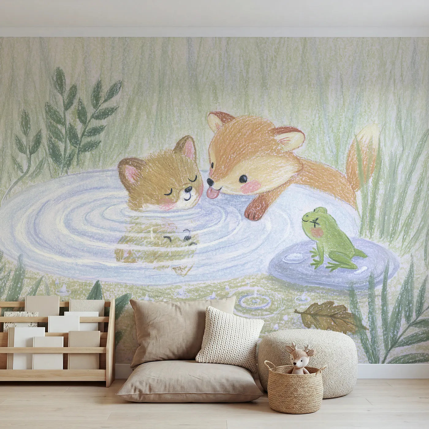 Colored Pencil fox cub making faces at a puddle, wall mural for a toddler room by Whimsy Tots