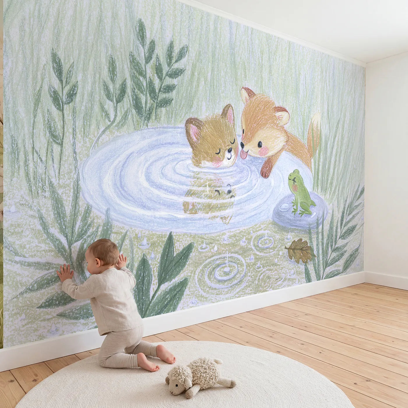 Child in nursery with Fox Cub Puddle Faces Wallpaper Mural by Whimsy Tots