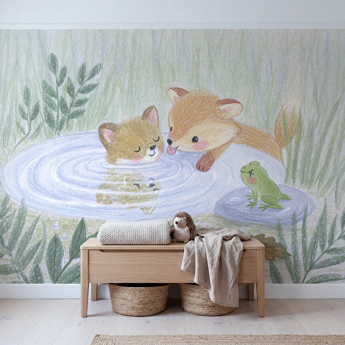 Fox Cub Puddle Faces Wallpaper Mural in playroom setting by Whimsy Tots