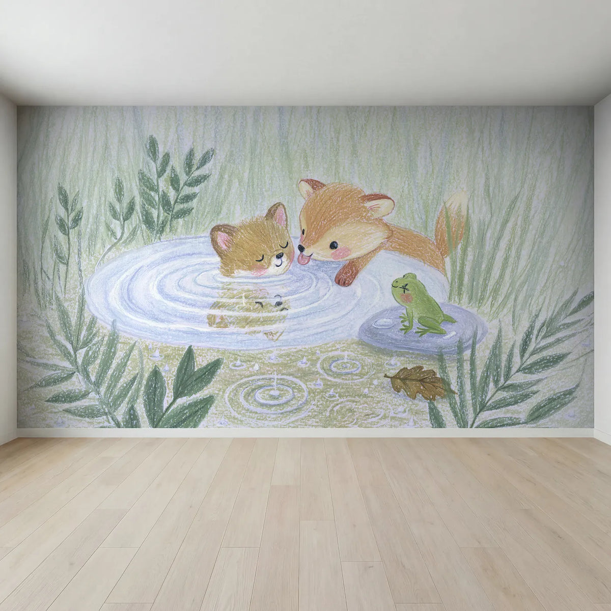 Full view of Fox Cub Puddle Faces Wallpaper Mural by Whimsy Tots