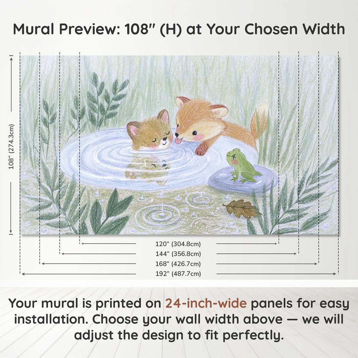 Panel layout and dimensions for Fox Cub Puddle Faces Wallpaper Mural by Whimsy Tots
