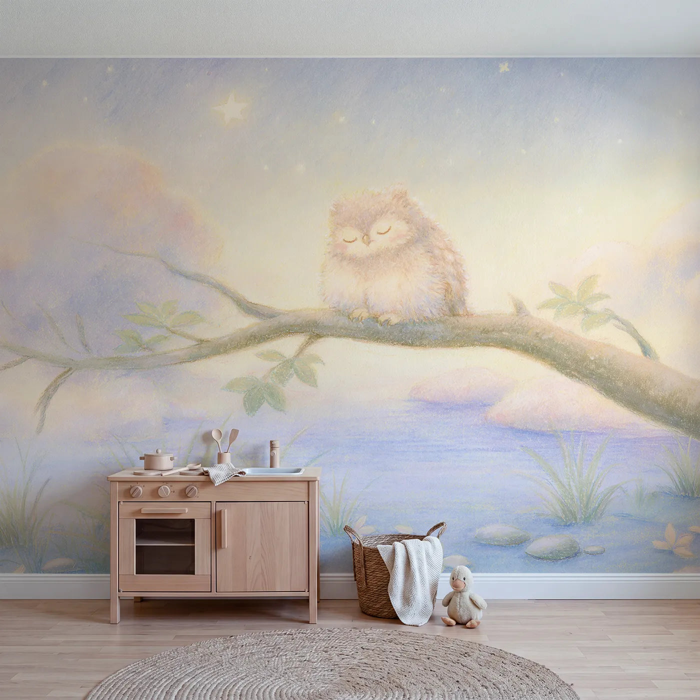 Chalk-pastel wall mural of a little owlet under stars by Whimsy Tots