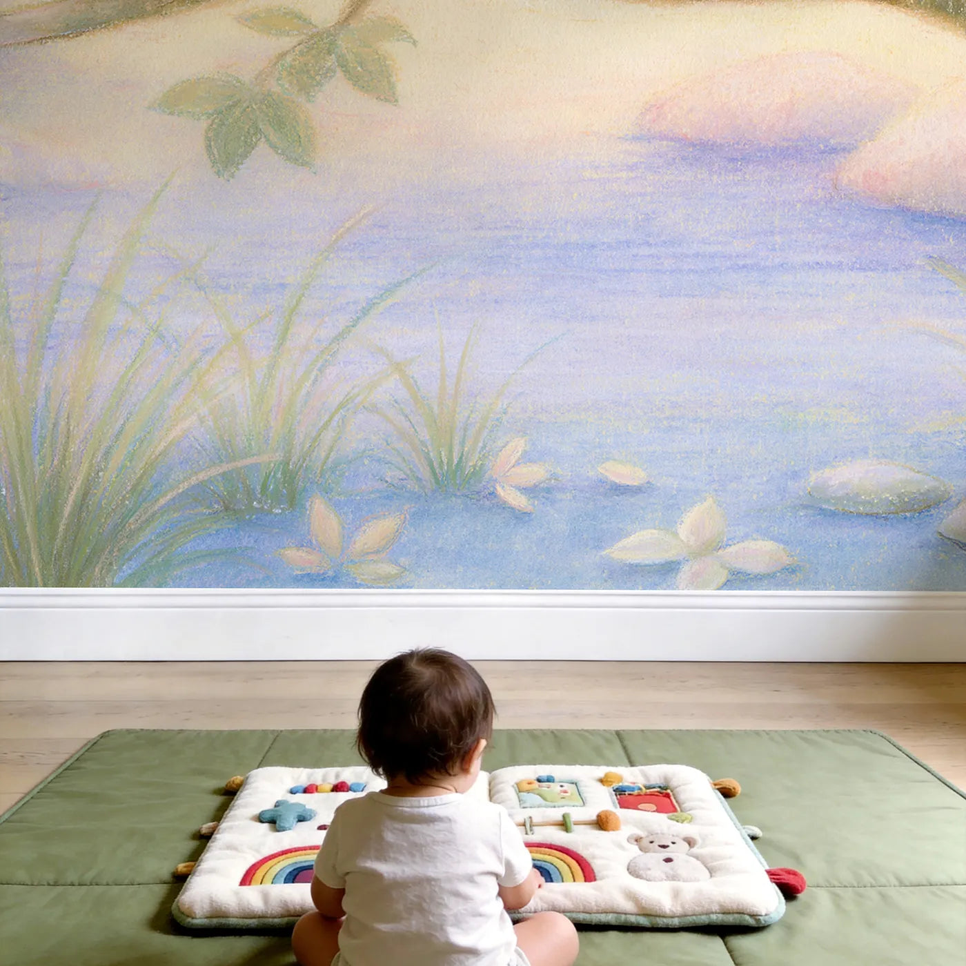 Child in nursery with Little Owlet Stars Wallpaper Mural by Whimsy Tots