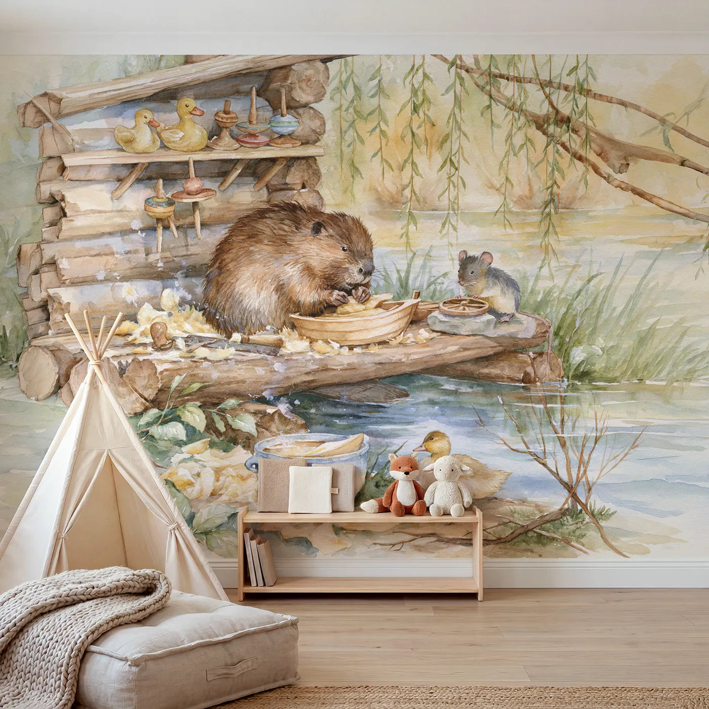 Watercolor beaver carving wooden toys in a workshop, wall mural for a big-kid bedroom by Whimsy Tots