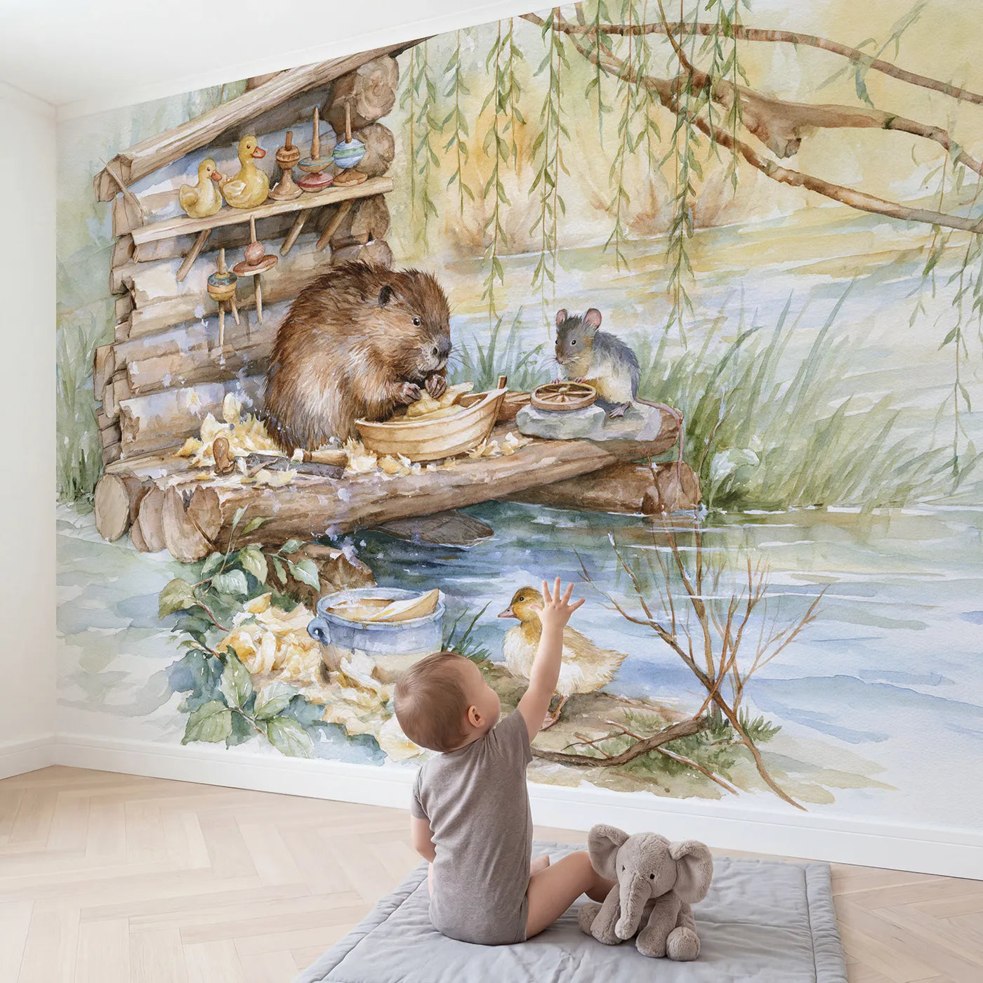 Child in nursery with Beaver Toy Workshop Wallpaper Mural by Whimsy Tots