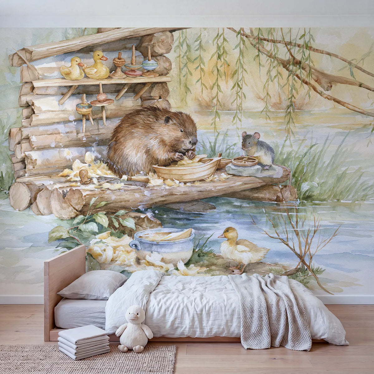 Beaver Toy Workshop Wallpaper Mural in playroom setting by Whimsy Tots