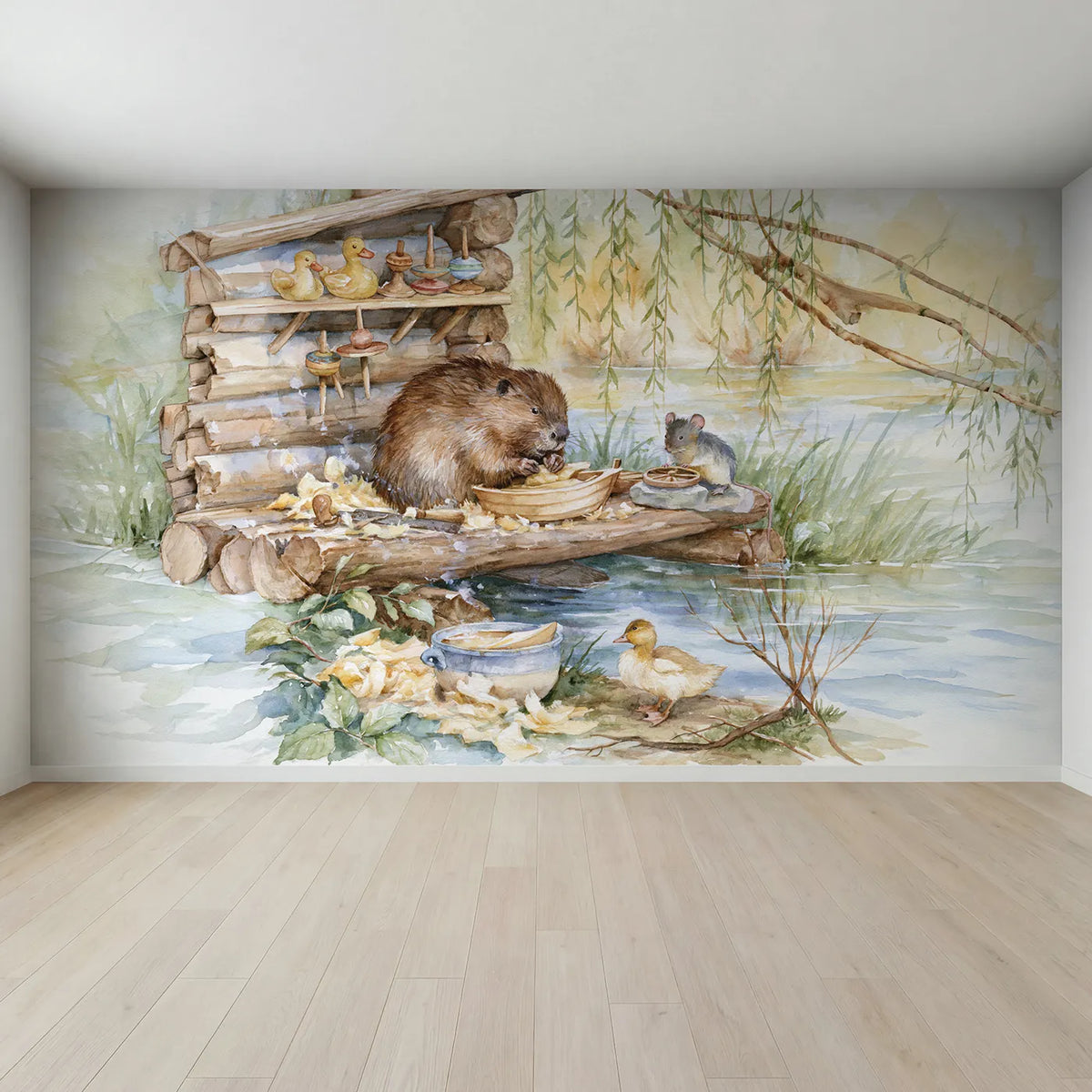 Full view of Beaver Toy Workshop Wallpaper Mural by Whimsy Tots