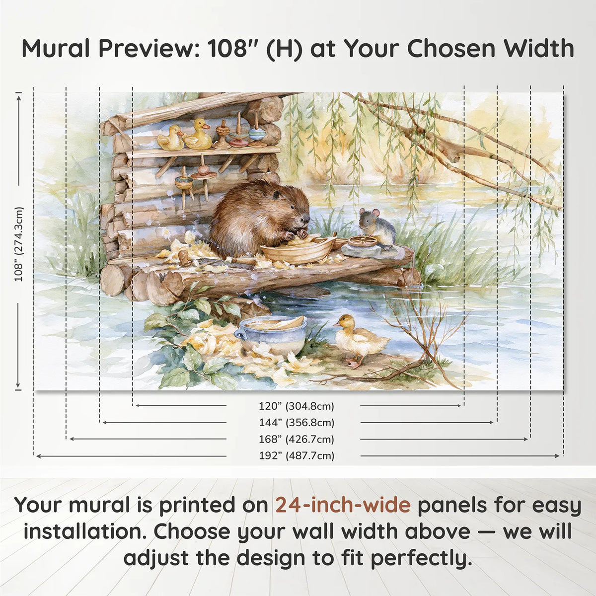 Panel layout and dimensions for Beaver Toy Workshop Wallpaper Mural by Whimsy Tots
