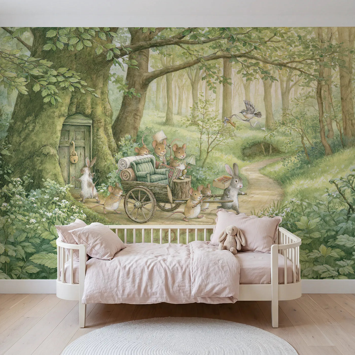 Storybook mice moving house along a forest path, wall mural for a rented bedroom by Whimsy Tots