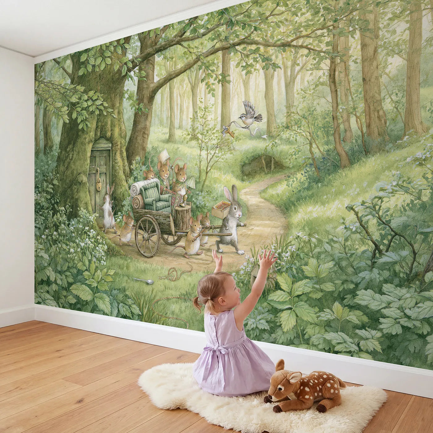 Child in nursery with Woodland Moving Day Wallpaper Mural by Whimsy Tots