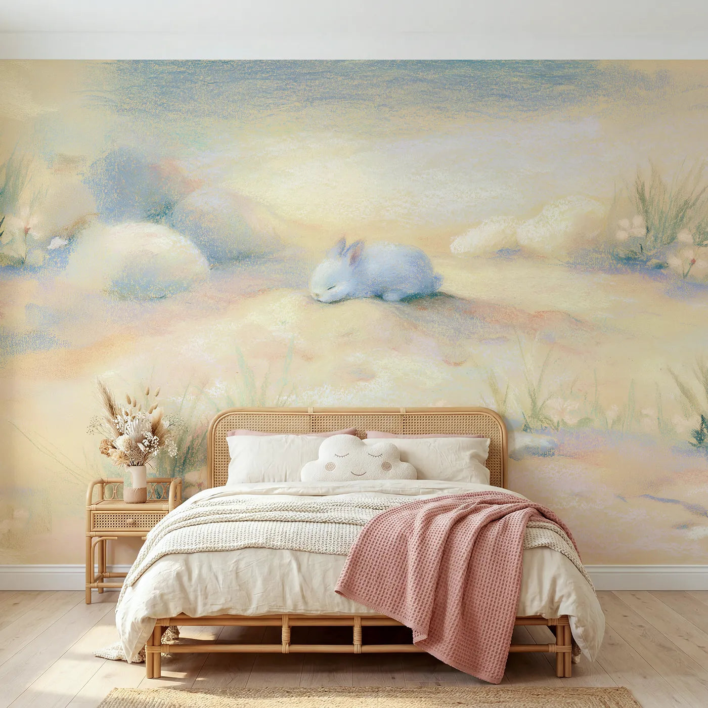 Chalk-pastel wall mural of a napping baby bunny by Whimsy Tots