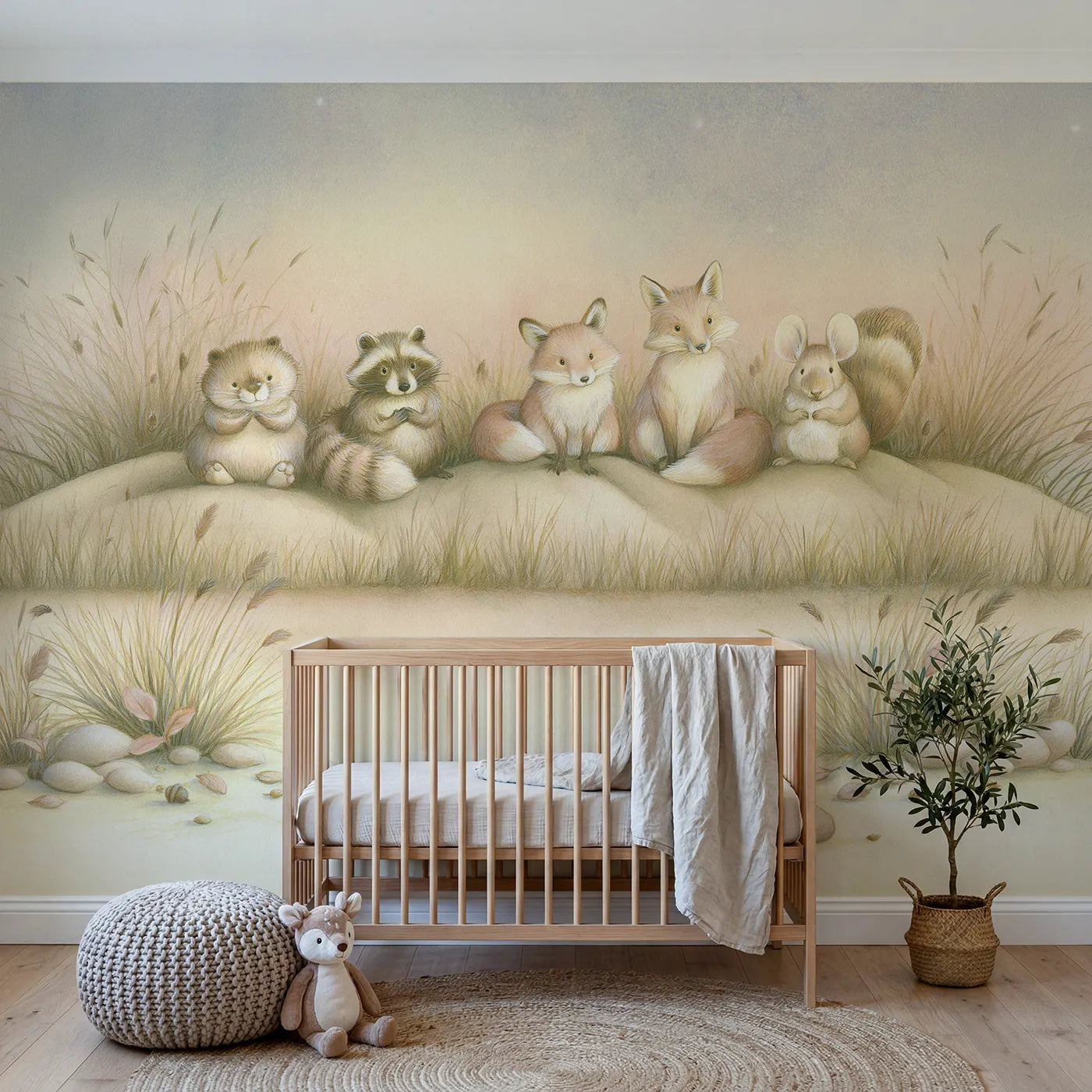 Pencil-and-wash wall mural of a goodnight woodland scene by Whimsy Tots