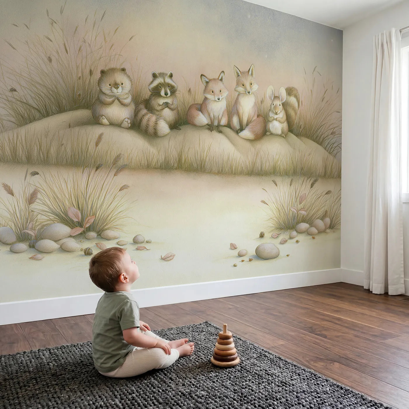 Child in nursery with Goodnight Woodland Wish Wallpaper Mural by Whimsy Tots