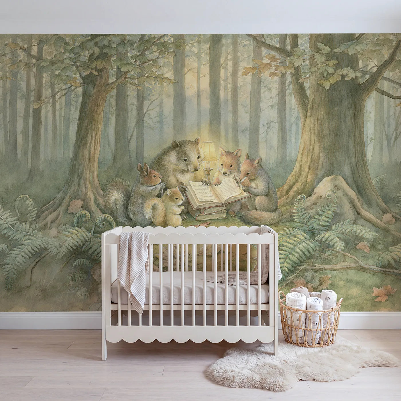 Storybook wall mural of a woodland bedtime story scene by Whimsy Tots