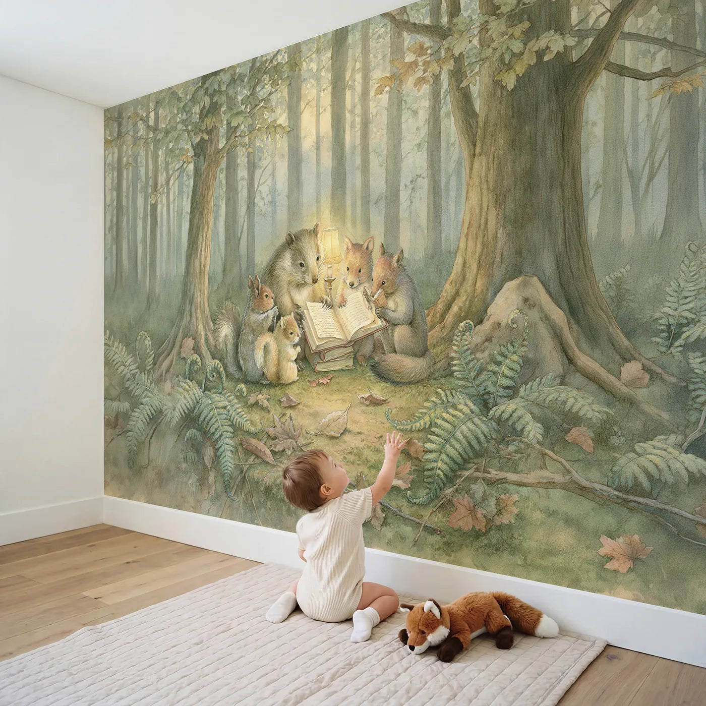 Child in nursery with Bedtime Forest Story Wallpaper Mural by Whimsy Tots