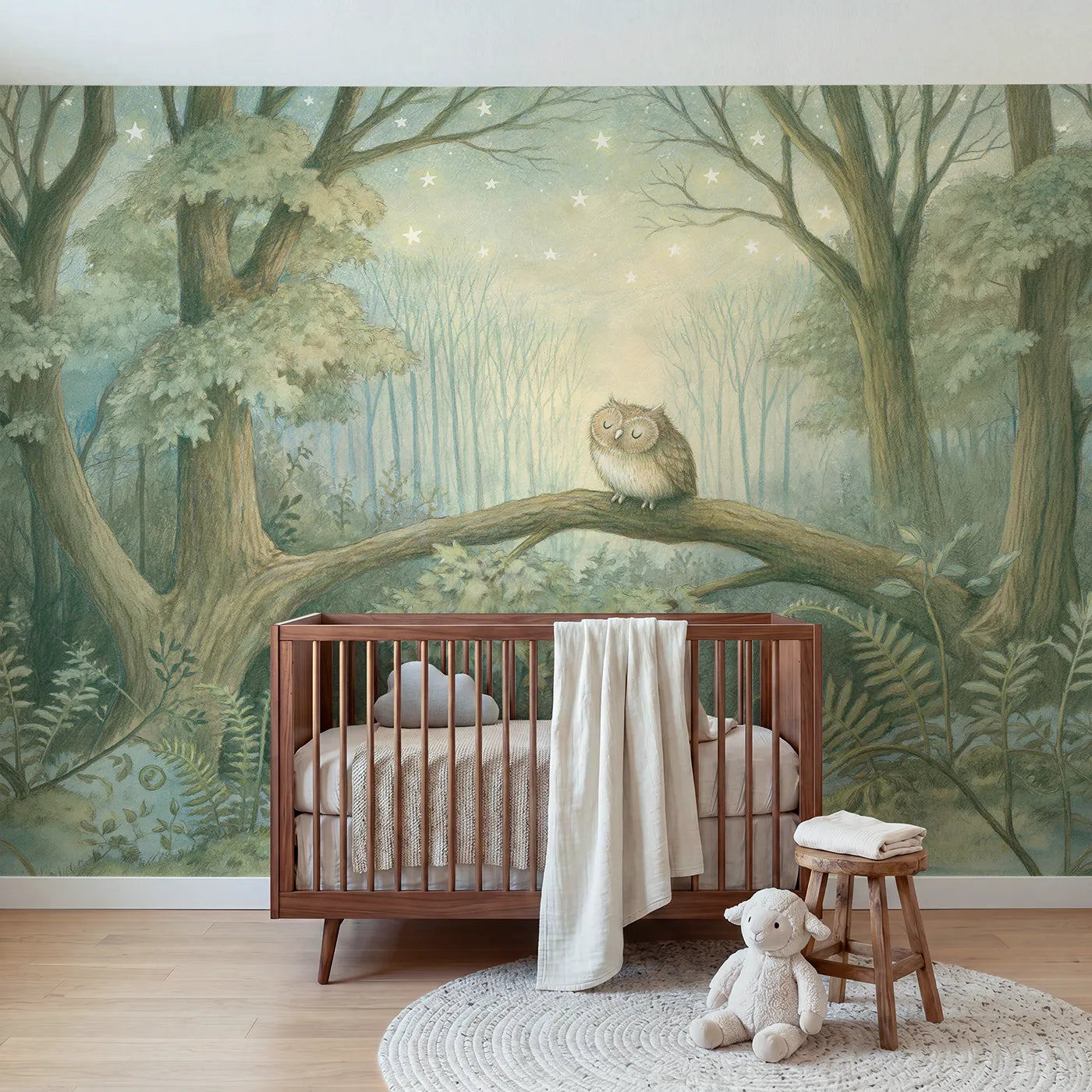 Storybook wall mural of a sleepy owlet in a starlit wood by Whimsy Tots