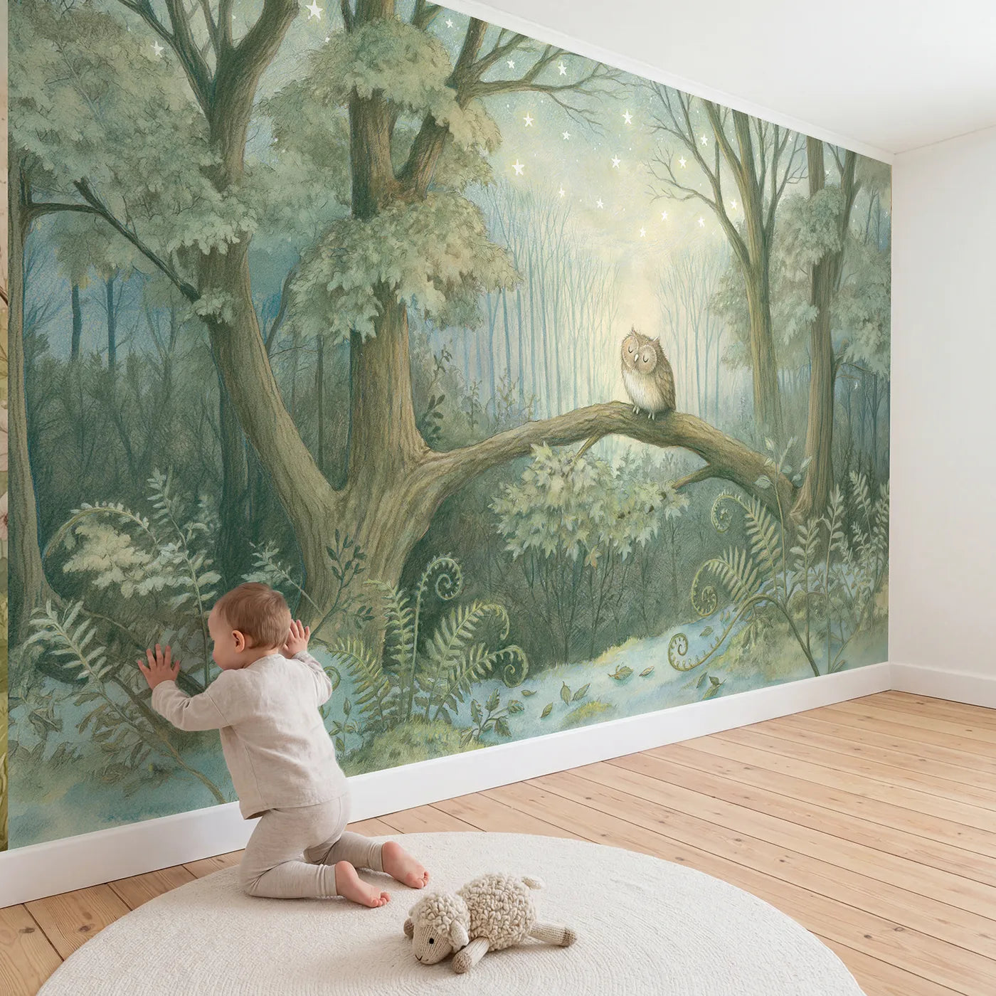 Child in nursery with Sleepy Star Wood Wallpaper Mural by Whimsy Tots