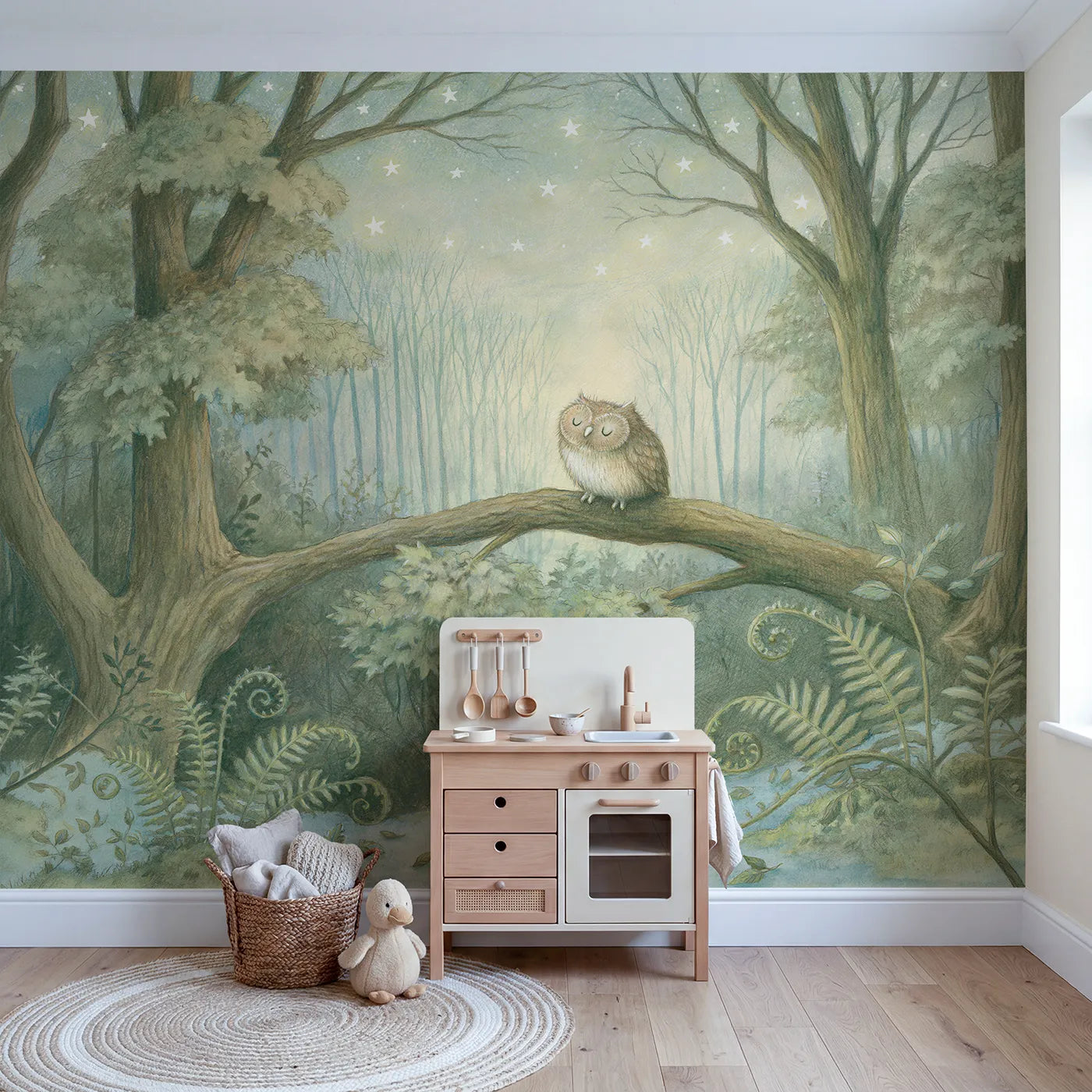 Sleepy Star Wood Wallpaper Mural in playroom setting by Whimsy Tots