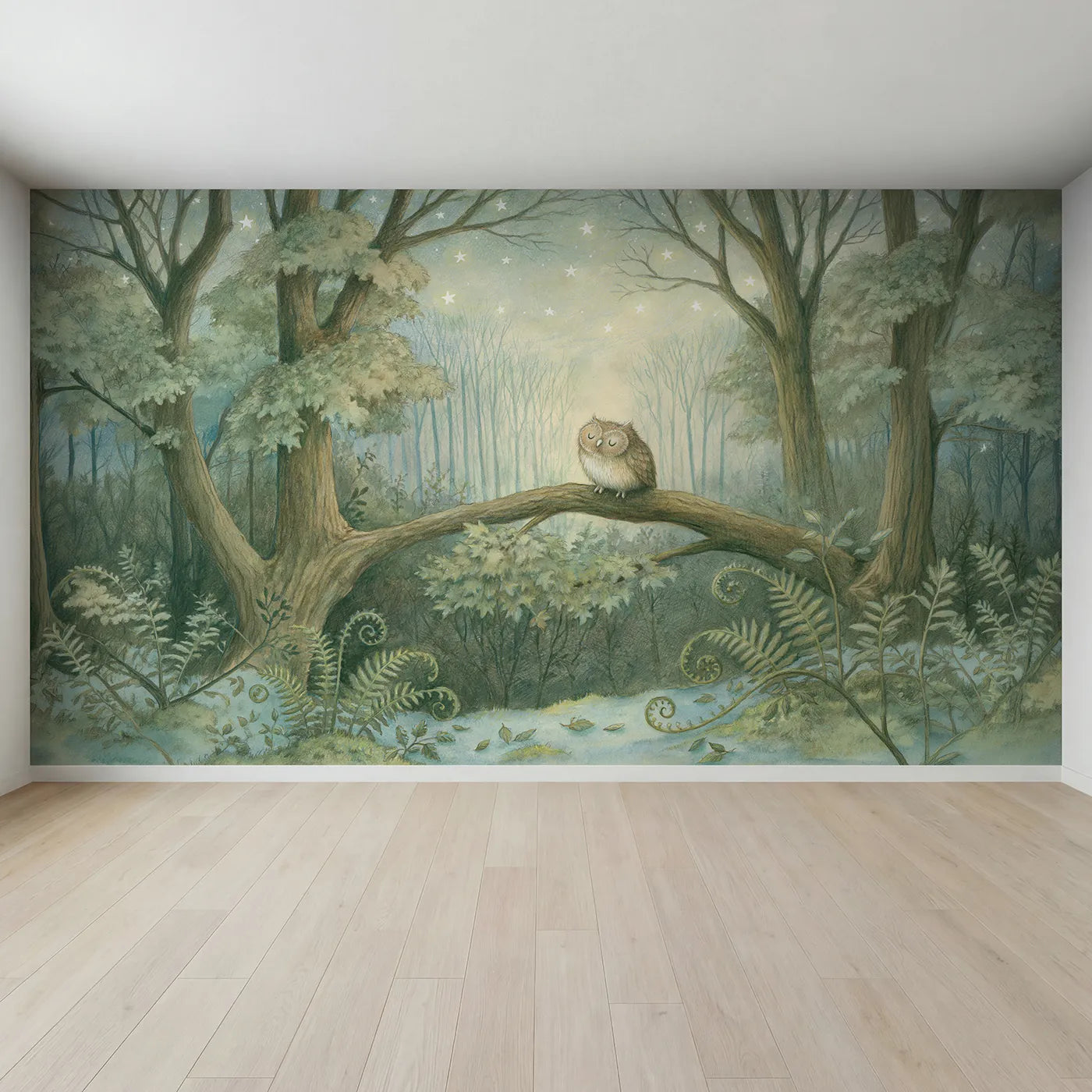 Full view of Sleepy Star Wood Wallpaper Mural by Whimsy Tots