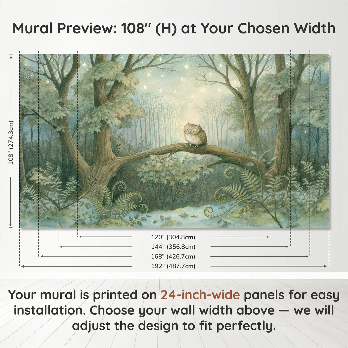 Panel layout and dimensions for Sleepy Star Wood Wallpaper Mural by Whimsy Tots