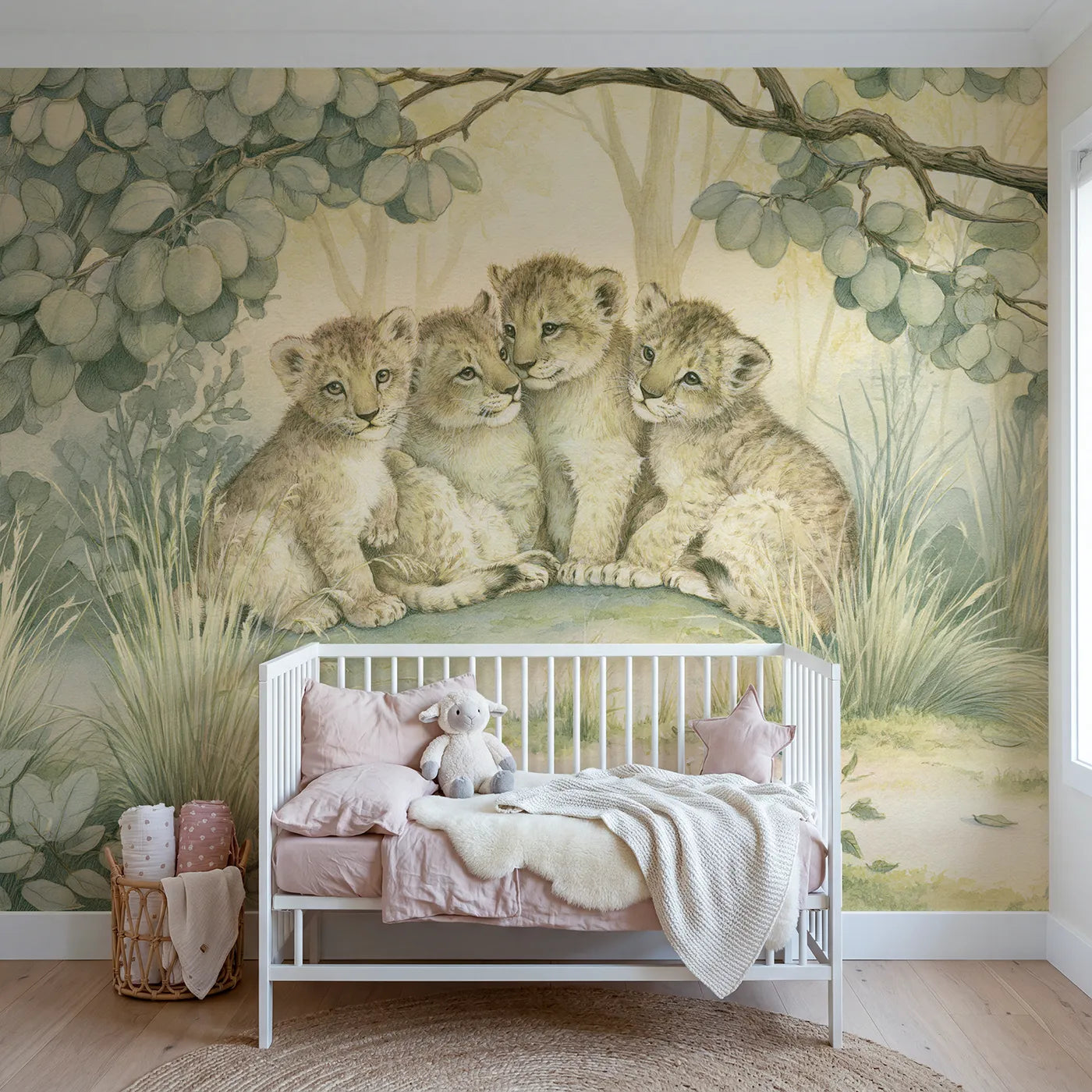 Storybook wall mural of sweet cuddling woodland cubs by Whimsy Tots