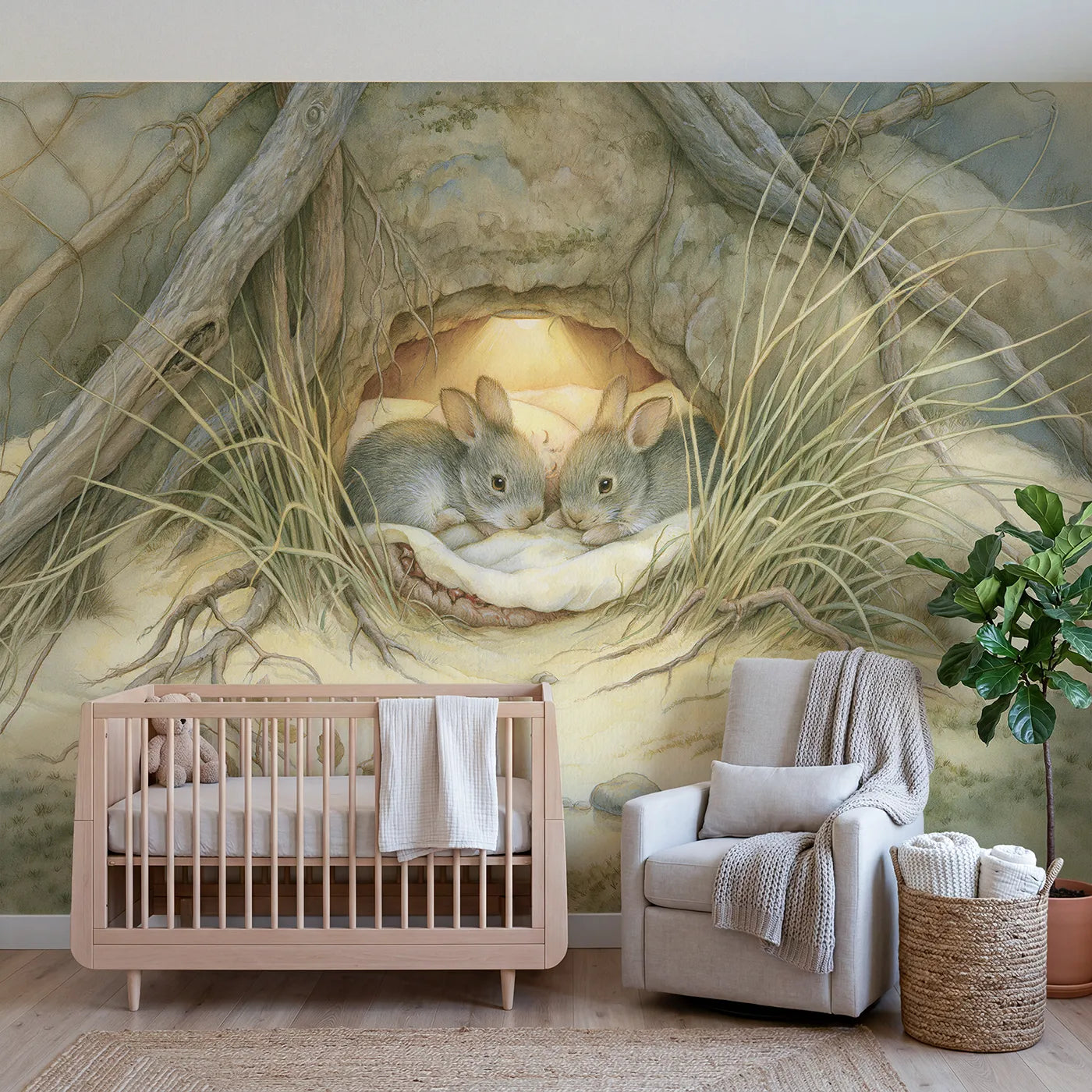 Storybook wall mural of bunnies tucked in a cozy burrow by Whimsy Tots