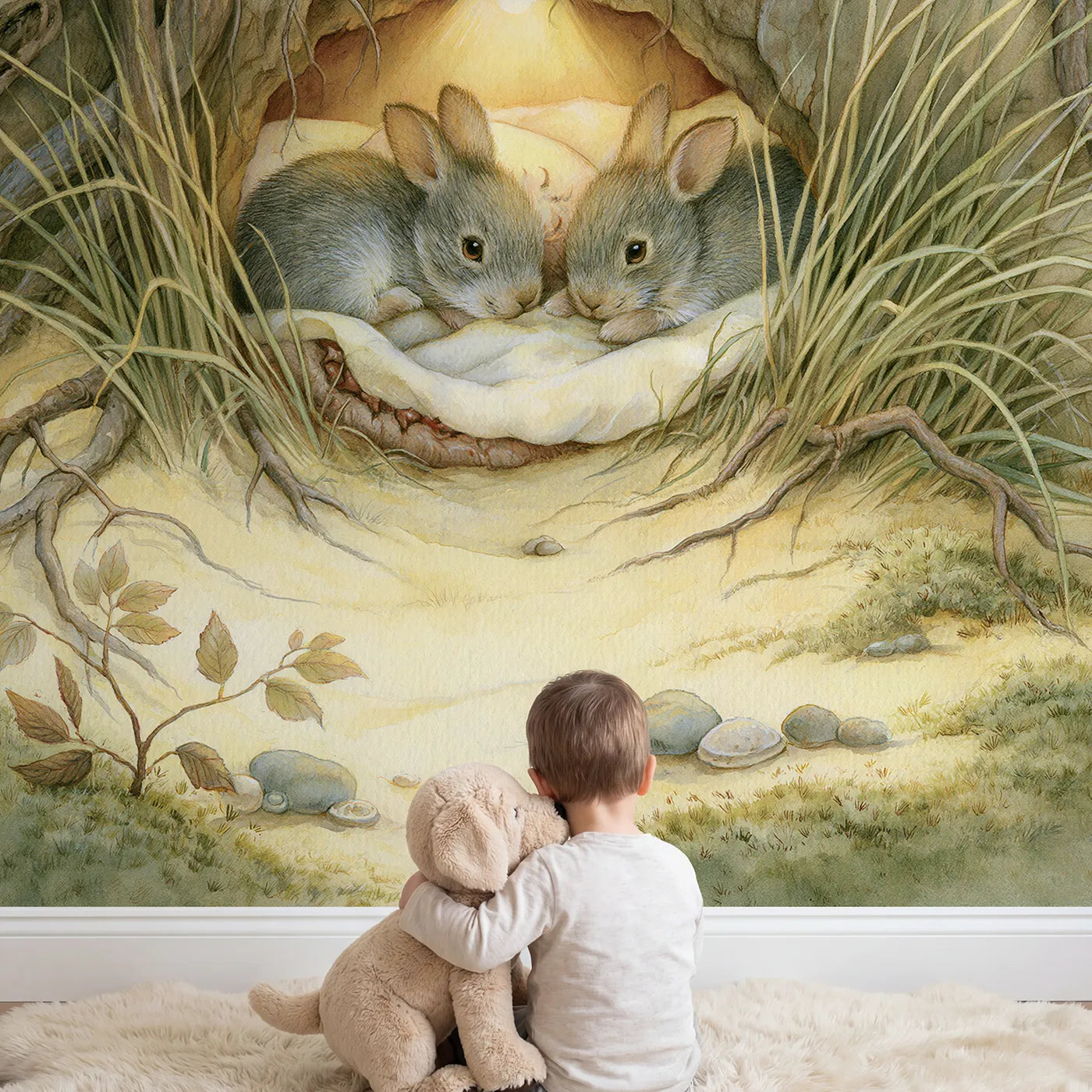 Child in nursery with Tucked In Burrow Wallpaper Mural by Whimsy Tots