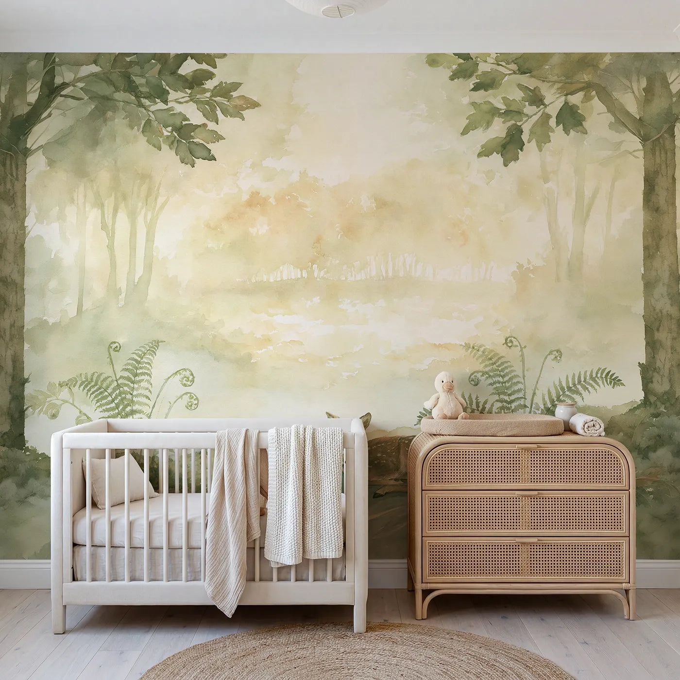 Storybook wall mural of a baby fawn in a dawn glade by Whimsy Tots
