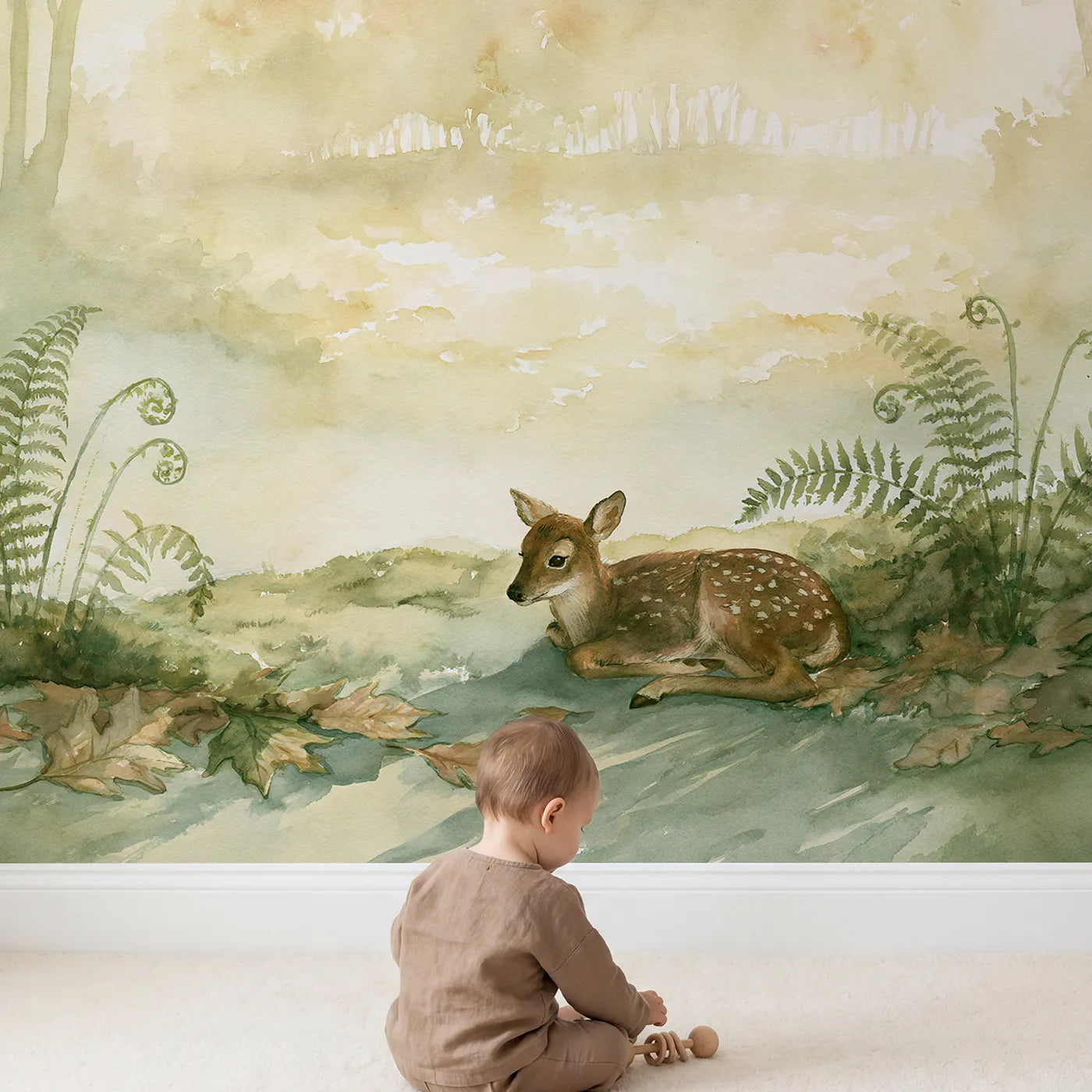 Child in nursery with Dawn Nursery Glade Wallpaper Mural by Whimsy Tots