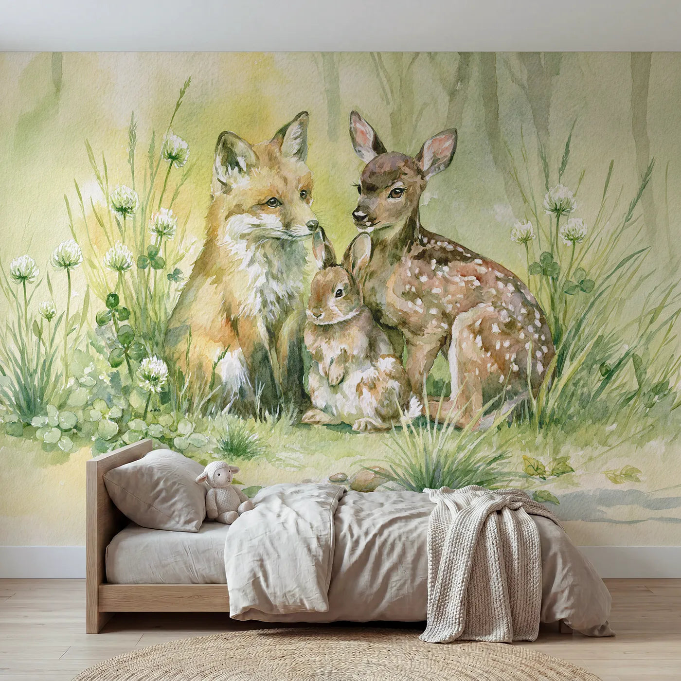 Watercolor wall mural of a baby fox, fawn and bunny by Whimsy Tots