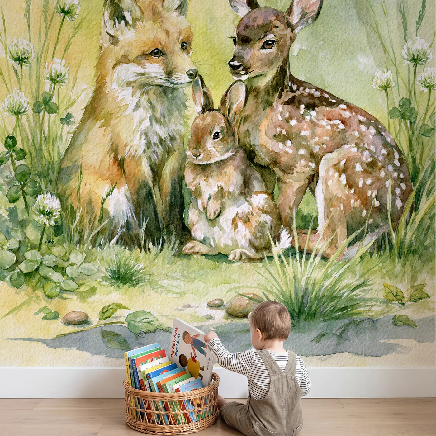 Child in nursery with Baby Animals Gather Wallpaper Mural by Whimsy Tots