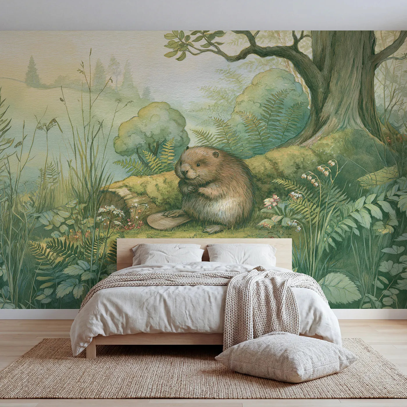 Woodland wall mural of a friendly forest beaver by Whimsy Tots