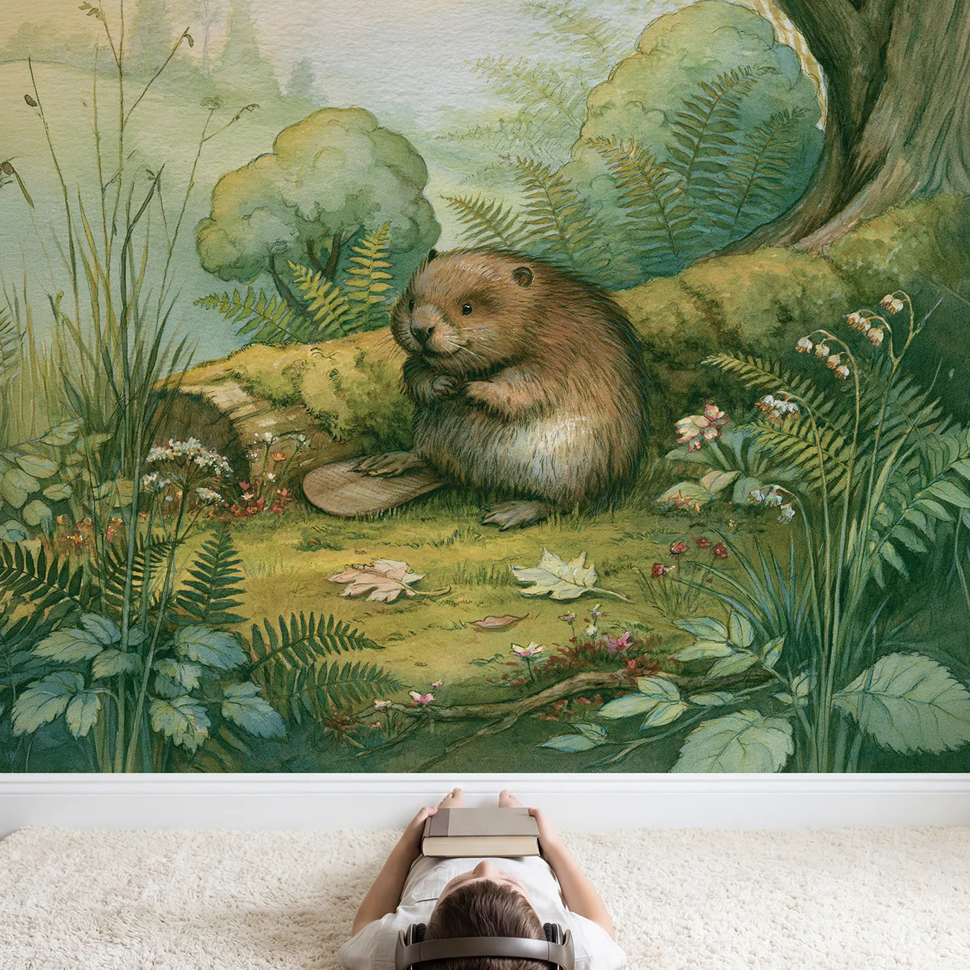 Child in nursery with Friendly Forest Beaver Wallpaper Mural by Whimsy Tots